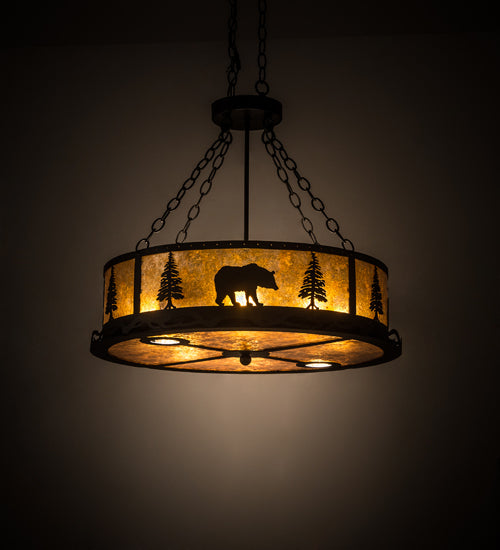 Meyda Lighting Wildlife at Dusk 26" 8-Light Textured Black Inverted Pendant Light With Amber Mica Shade Glass