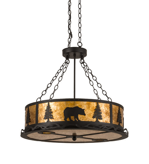 Meyda Lighting Wildlife at Dusk 26" 8-Light Textured Black Inverted Pendant Light With Amber Mica Shade Glass