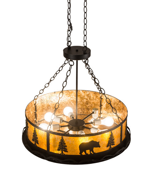 Meyda Lighting Wildlife at Dusk 26" 8-Light Textured Black Inverted Pendant Light With Amber Mica Shade Glass