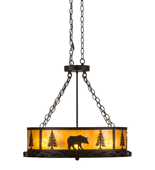 Meyda Lighting Wildlife at Dusk 26" 8-Light Textured Black Inverted Pendant Light With Amber Mica Shade Glass