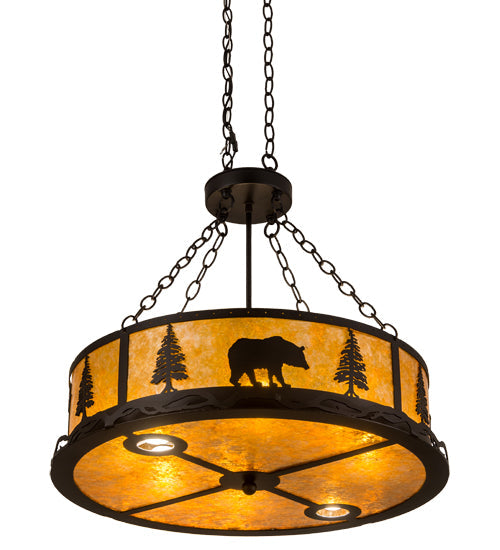 Meyda Lighting Wildlife at Dusk 26" 8-Light Textured Black Inverted Pendant Light With Amber Mica Shade Glass
