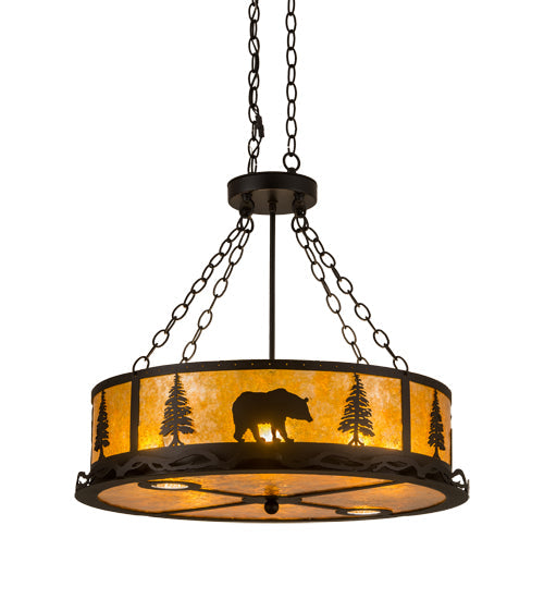 Meyda Lighting Wildlife at Dusk 26" 8-Light Textured Black Inverted Pendant Light With Amber Mica Shade Glass