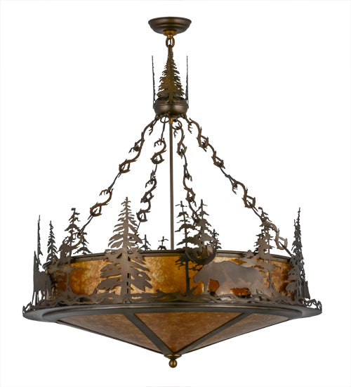 Meyda Lighting Wildlife at Dusk 34" 4-Light Antique Copper Inverted Pendant Light With Amber Mica Shade Glass