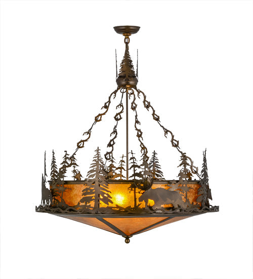 Meyda Lighting Wildlife at Dusk 34" 4-Light Antique Copper Inverted Pendant Light With Amber Mica Shade Glass