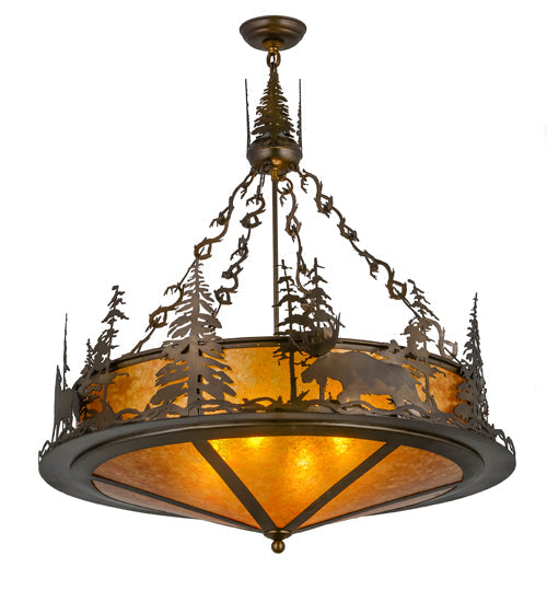 Meyda Lighting Wildlife at Dusk 34" 4-Light Antique Copper Inverted Pendant Light With Amber Mica Shade Glass