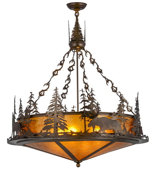 Meyda Lighting Wildlife at Dusk 34" 4-Light Antique Copper Inverted Pendant Light With Amber Mica Shade Glass