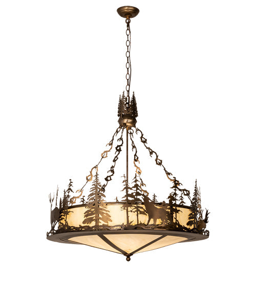 Meyda Lighting Wildlife at Dusk 34" 4-Light Antique Copper Inverted Pendant Light With Creme Carrara Idalight Shade