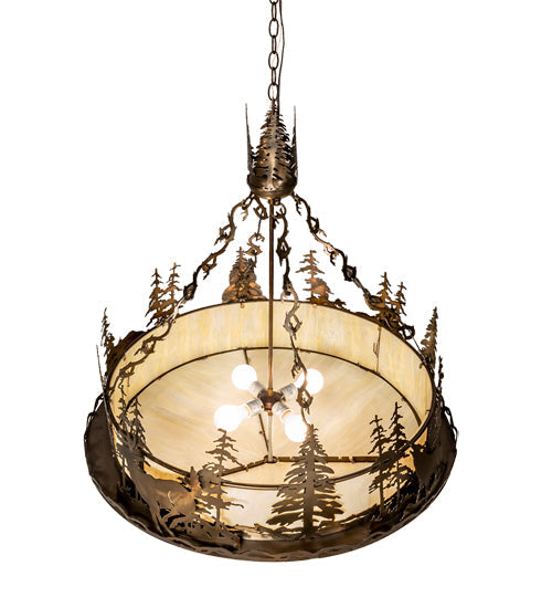 Meyda Lighting Wildlife at Dusk 34" 4-Light Antique Copper Inverted Pendant Light With Creme Carrara Idalight Shade