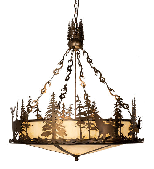 Meyda Lighting Wildlife at Dusk 34" 4-Light Antique Copper Inverted Pendant Light With Creme Carrara Idalight Shade