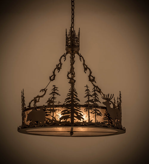 Meyda Lighting Wildlife at Dusk 34" 4-Light Cafe Noir Inverted Pendant Light With Silver Mica Shade Glass