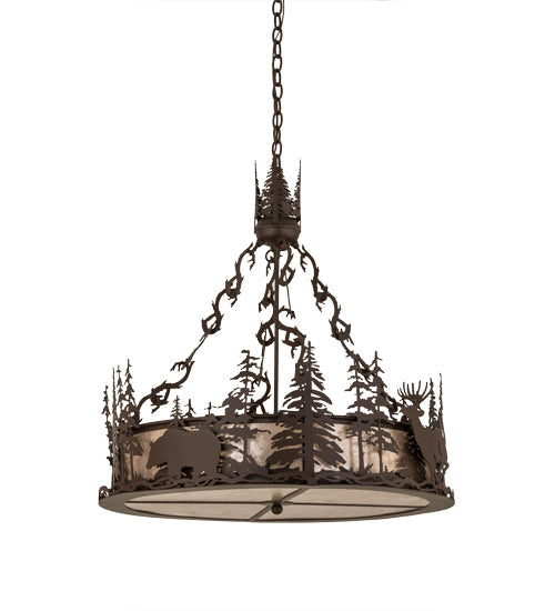 Meyda Lighting Wildlife at Dusk 34" 4-Light Cafe Noir Inverted Pendant Light With Silver Mica Shade Glass