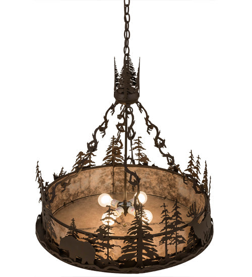 Meyda Lighting Wildlife at Dusk 34" 4-Light Cafe Noir Inverted Pendant Light With Silver Mica Shade Glass