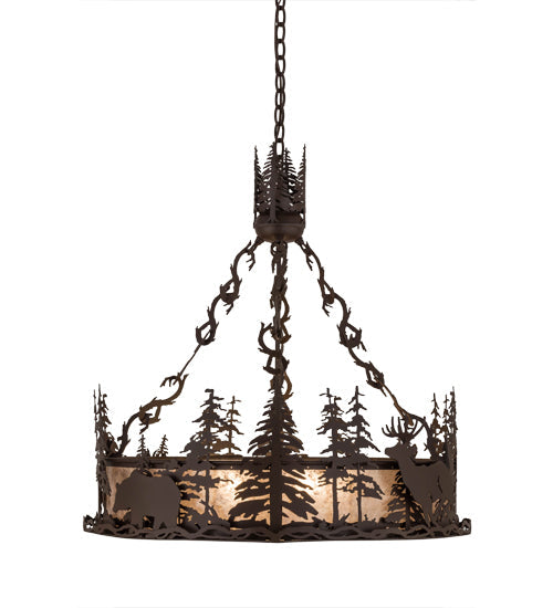 Meyda Lighting Wildlife at Dusk 34" 4-Light Cafe Noir Inverted Pendant Light With Silver Mica Shade Glass
