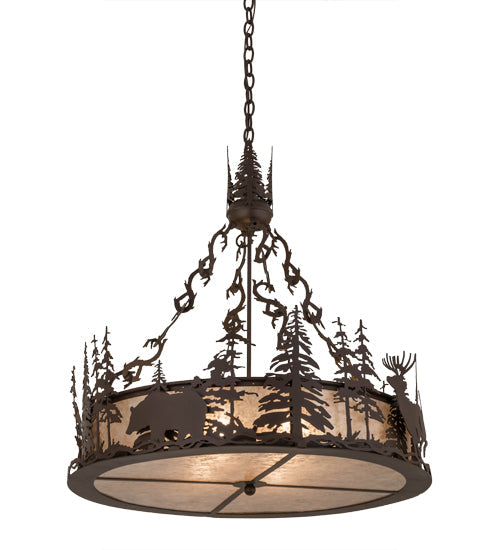 Meyda Lighting Wildlife at Dusk 34" 4-Light Cafe Noir Inverted Pendant Light With Silver Mica Shade Glass