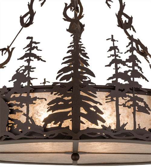 Meyda Lighting Wildlife at Dusk 34" 4-Light Cafe Noir Inverted Pendant Light With Silver Mica Shade Glass