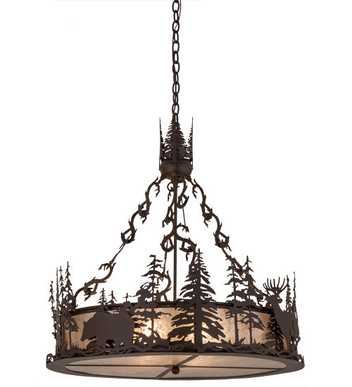 Meyda Lighting Wildlife at Dusk 34" 4-Light Cafe Noir Inverted Pendant Light With Silver Mica Shade Glass