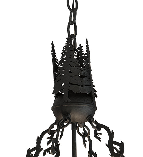 Meyda Lighting Wildlife at Dusk 34" 4-Light Textured Black Inverted Pendant Light With Amber Mica Shade Glass