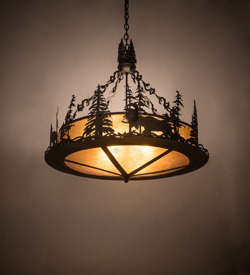 Meyda Lighting Wildlife at Dusk 34" 4-Light Textured Black Inverted Pendant Light With Amber Mica Shade Glass
