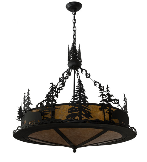 Meyda Lighting Wildlife at Dusk 34" 4-Light Textured Black Inverted Pendant Light With Amber Mica Shade Glass
