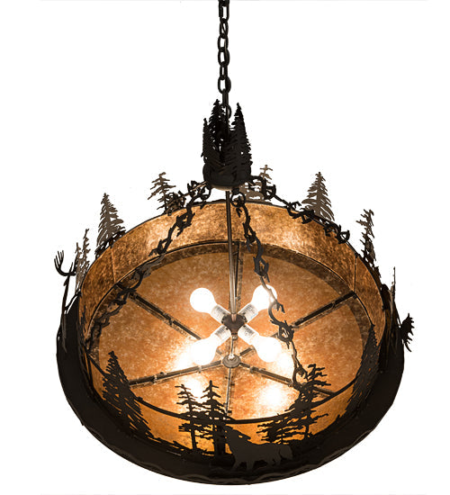 Meyda Lighting Wildlife at Dusk 34" 4-Light Textured Black Inverted Pendant Light With Amber Mica Shade Glass