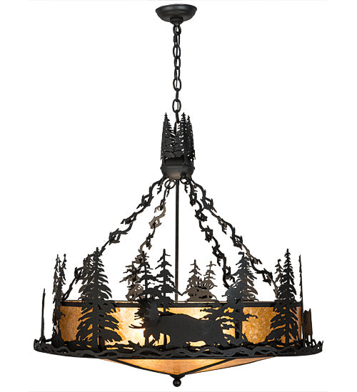 Meyda Lighting Wildlife at Dusk 34" 4-Light Textured Black Inverted Pendant Light With Amber Mica Shade Glass