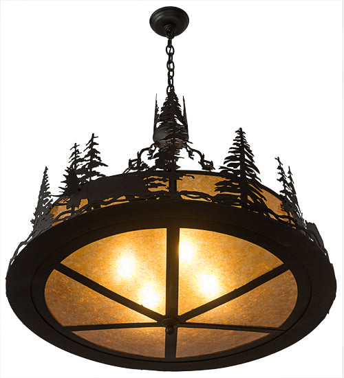 Meyda Lighting Wildlife at Dusk 34" 4-Light Textured Black Inverted Pendant Light With Amber Mica Shade Glass
