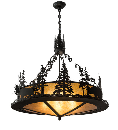 Meyda Lighting Wildlife at Dusk 34" 4-Light Textured Black Inverted Pendant Light With Amber Mica Shade Glass