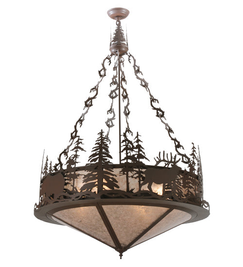 Meyda Lighting Wildlife at Dusk 38" 4-Light Cafe Noir Inverted Pendant Light With Silver Mica Shade Glass