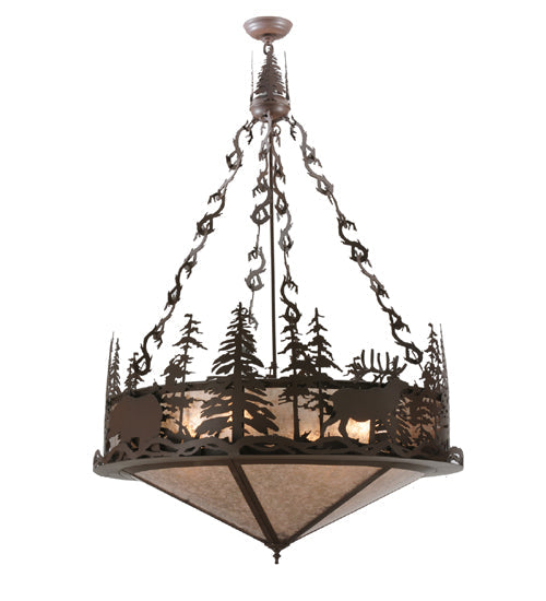Meyda Lighting Wildlife at Dusk 38" 4-Light Cafe Noir Inverted Pendant Light With Silver Mica Shade Glass