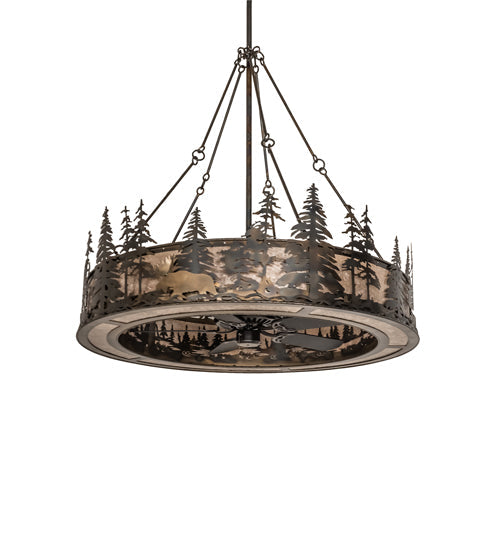 Meyda Lighting Wildlife at Dusk 56" 15-Light Light Burnished Antique Copper Chandelier With Silver Mica Shade Glass and Fan
