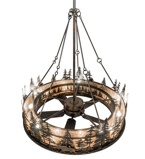 Meyda Lighting Wildlife at Dusk 56" 15-Light Light Burnished Antique Copper Chandelier With Silver Mica Shade Glass and Fan