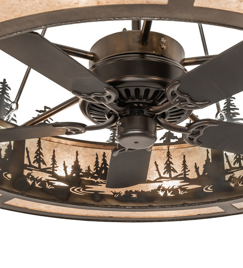 Meyda Lighting Wildlife at Dusk 56" 15-Light Light Burnished Antique Copper Chandelier With Silver Mica Shade Glass and Fan