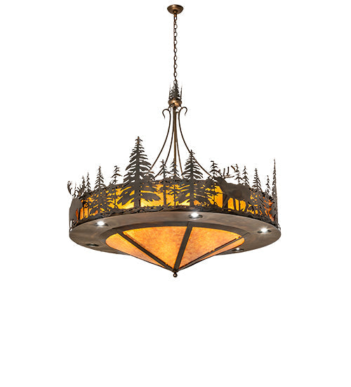 Meyda Lighting Wildlife at Dusk 62" 14-Light Dark Burnished Antique Copper Inverted Pendant Light With Amber Mica Shade Glass