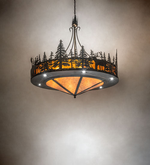Meyda Lighting Wildlife at Dusk 62" 14-Light Dark Burnished Antique Copper Inverted Pendant Light With Amber Mica Shade Glass