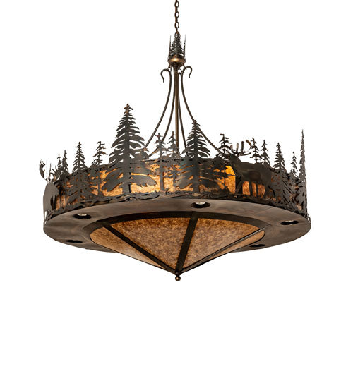 Meyda Lighting Wildlife at Dusk 62" 14-Light Dark Burnished Antique Copper Inverted Pendant Light With Amber Mica Shade Glass