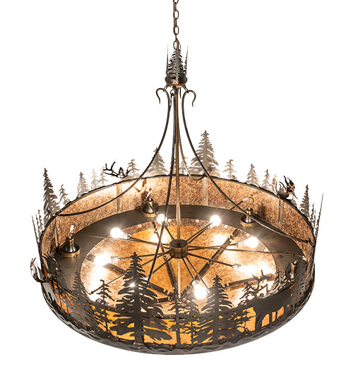 Meyda Lighting Wildlife at Dusk 62" 14-Light Dark Burnished Antique Copper Inverted Pendant Light With Amber Mica Shade Glass