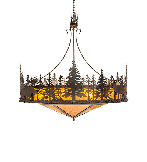 Meyda Lighting Wildlife at Dusk 62" 14-Light Dark Burnished Antique Copper Inverted Pendant Light With Amber Mica Shade Glass