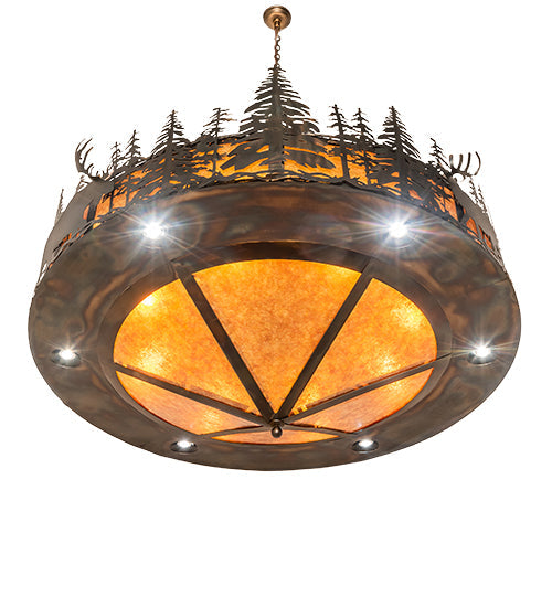 Meyda Lighting Wildlife at Dusk 62" 14-Light Dark Burnished Antique Copper Inverted Pendant Light With Amber Mica Shade Glass