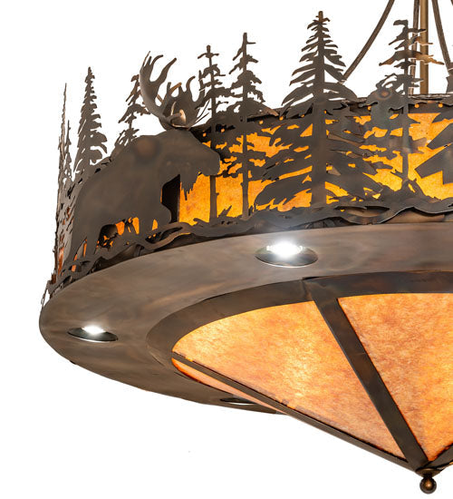Meyda Lighting Wildlife at Dusk 62" 14-Light Dark Burnished Antique Copper Inverted Pendant Light With Amber Mica Shade Glass