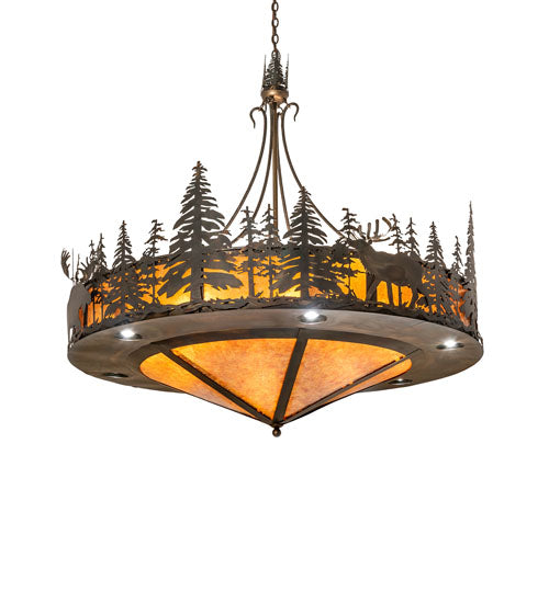 Meyda Lighting Wildlife at Dusk 62" 14-Light Dark Burnished Antique Copper Inverted Pendant Light With Amber Mica Shade Glass