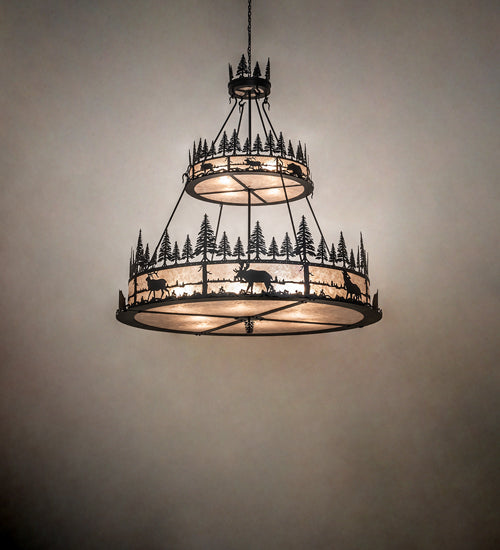 Meyda Lighting Wildlife at Dusk 72" 12-Light 2-Tier Textured Black Pendant Light With Silver Mica Shade Glass