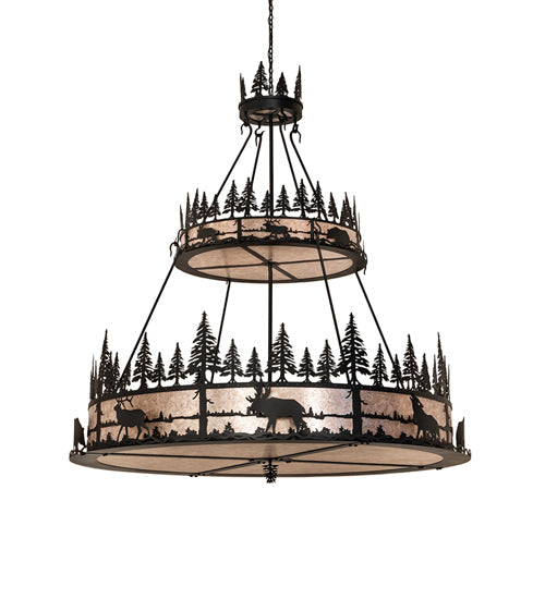 Meyda Lighting Wildlife at Dusk 72" 12-Light 2-Tier Textured Black Pendant Light With Silver Mica Shade Glass
