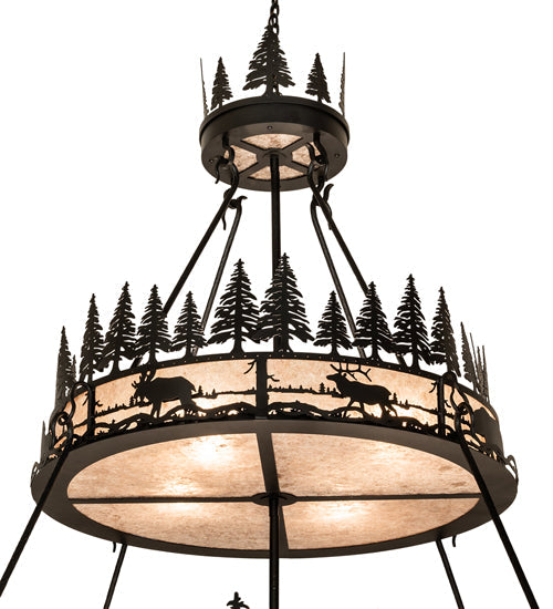 Meyda Lighting Wildlife at Dusk 72" 12-Light 2-Tier Textured Black Pendant Light With Silver Mica Shade Glass
