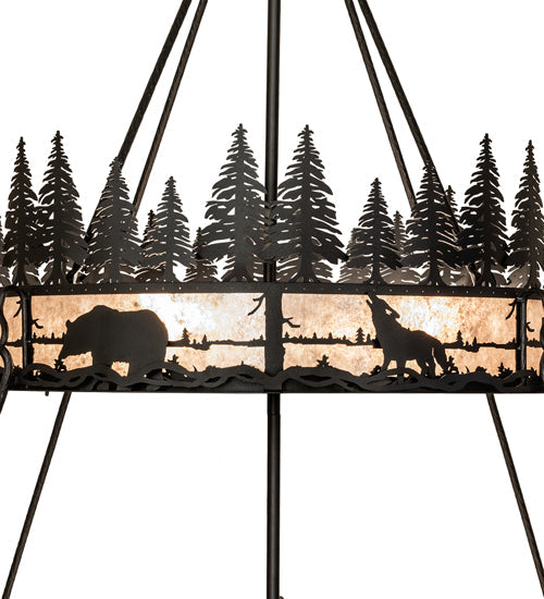 Meyda Lighting Wildlife at Dusk 72" 12-Light 2-Tier Textured Black Pendant Light With Silver Mica Shade Glass