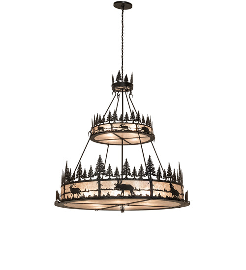 Meyda Lighting Wildlife at Dusk 72" 12-Light 2-Tier Textured Black Pendant Light With Silver Mica Shade Glass
