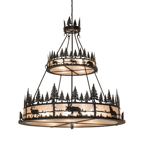 Meyda Lighting Wildlife at Dusk 72" 12-Light 2-Tier Textured Black Pendant Light With Silver Mica Shade Glass