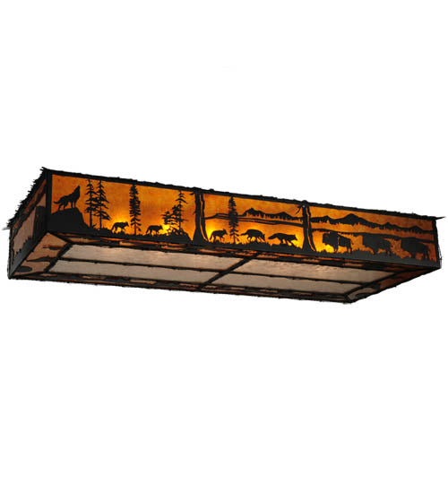 Meyda Lighting Wildlife at Dusk 81" 12-Light Textured Black Flush Mount Light With Amber and Silver Mica Shade Glass