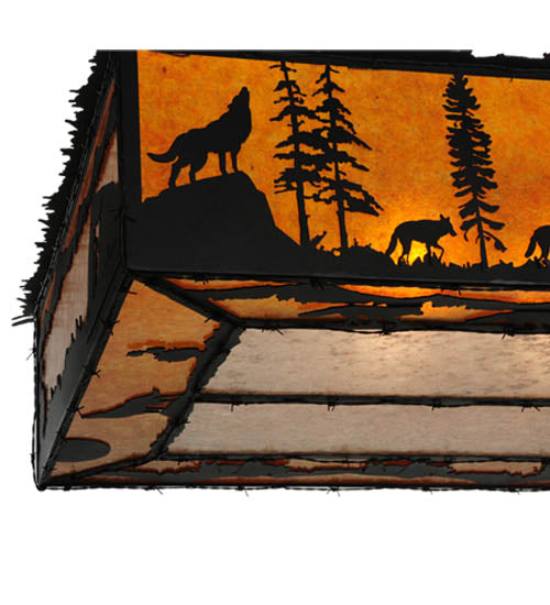 Meyda Lighting Wildlife at Dusk 81" 12-Light Textured Black Flush Mount Light With Amber and Silver Mica Shade Glass