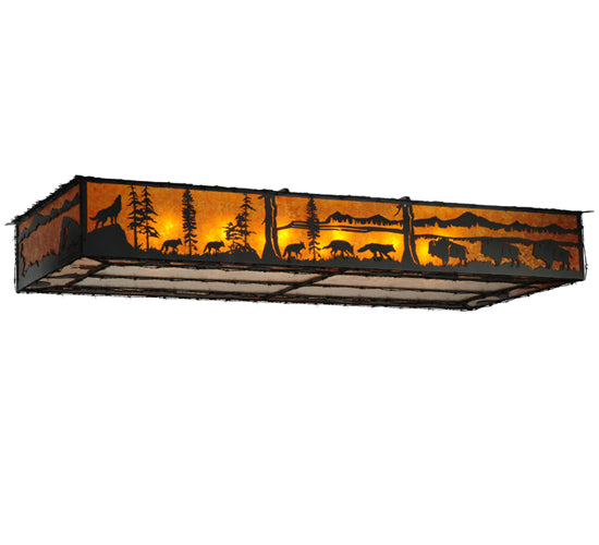Meyda Lighting Wildlife at Dusk 81" 12-Light Textured Black Flush Mount Light With Amber and Silver Mica Shade Glass