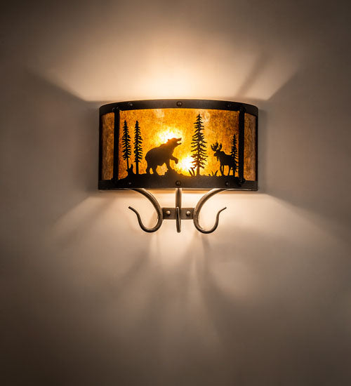 Meyda Lighting Wildlife at Pine Lake 14" 2-Light Old Wrought Iron Wall Sconce With Amber Mica Shade Glass